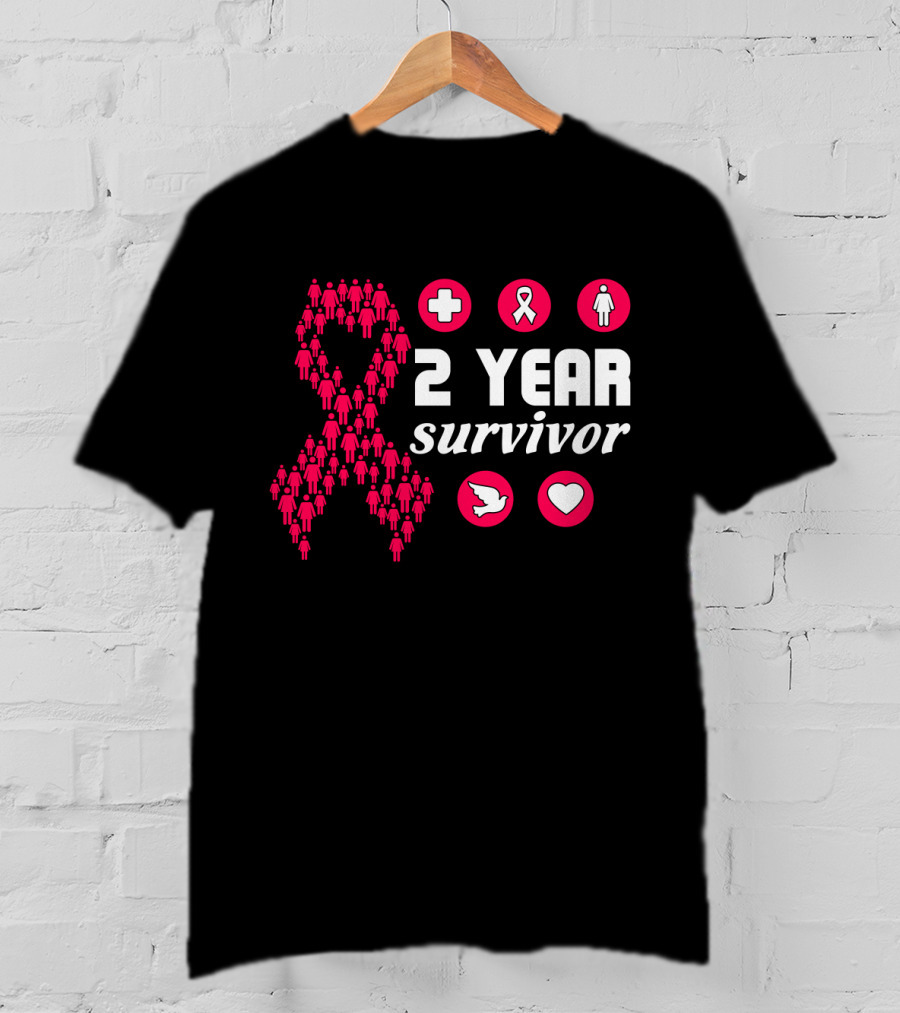 2 Year Survivor Pink Ribbon Breast Cancer Awareness Icons T-Shirt