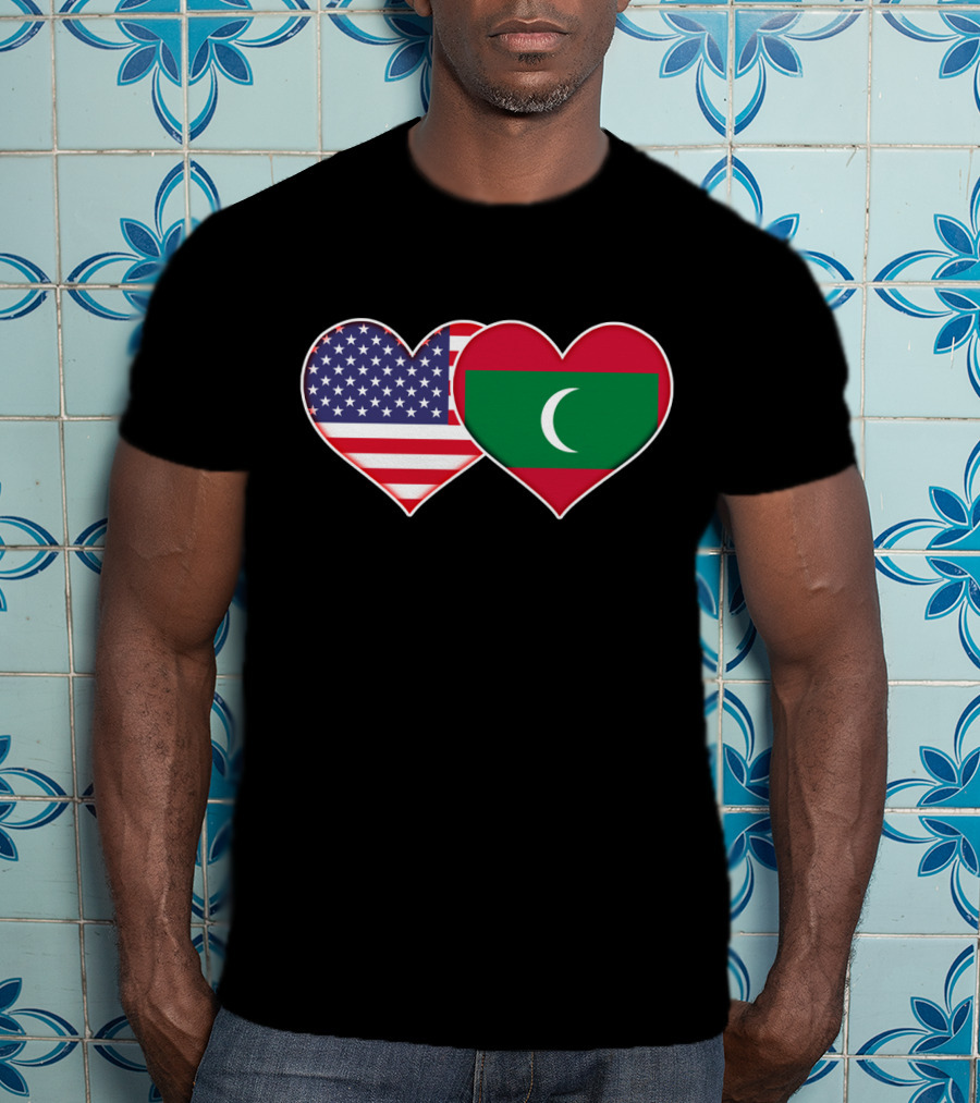 USA And Maldives Flag Hearts T-Shirt
