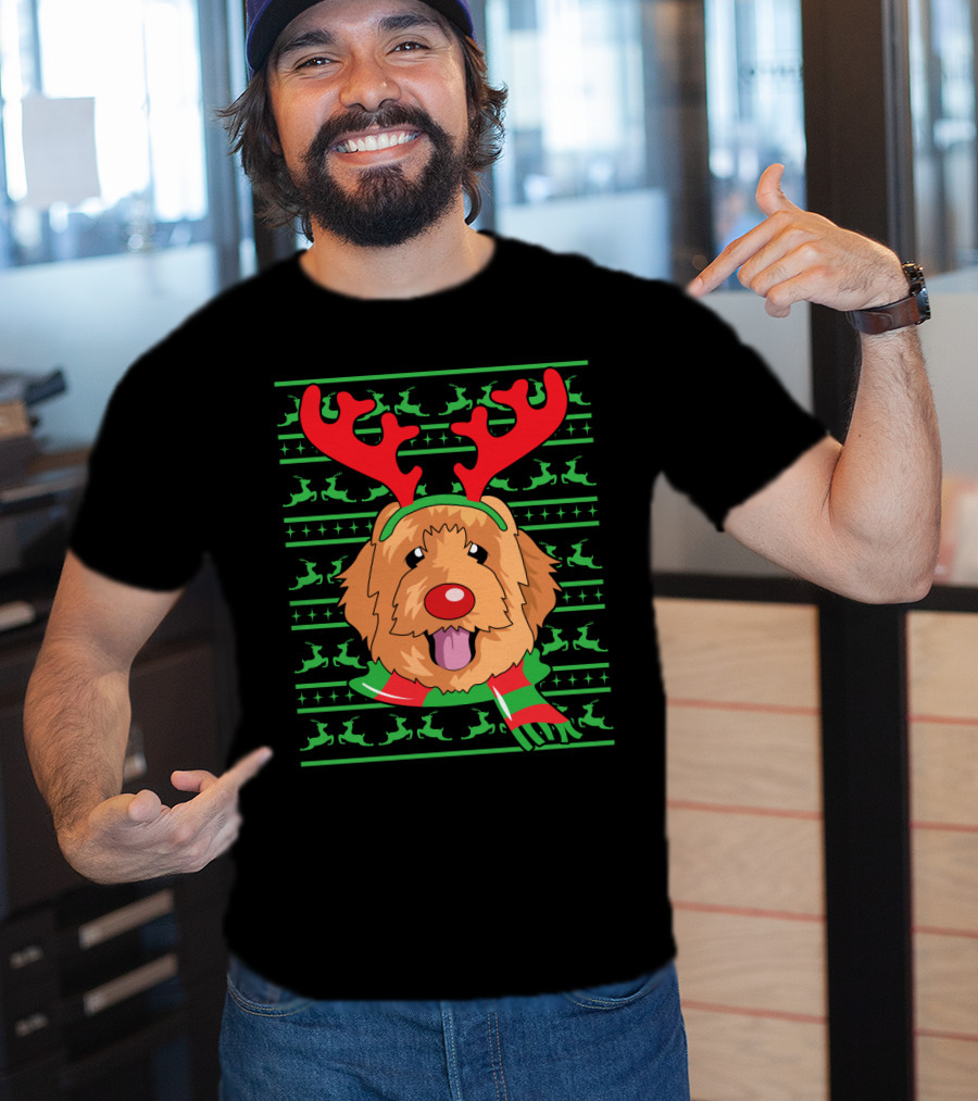 Golden Doodle Reindeer Christmas Scarf And Antlers T-Shirt