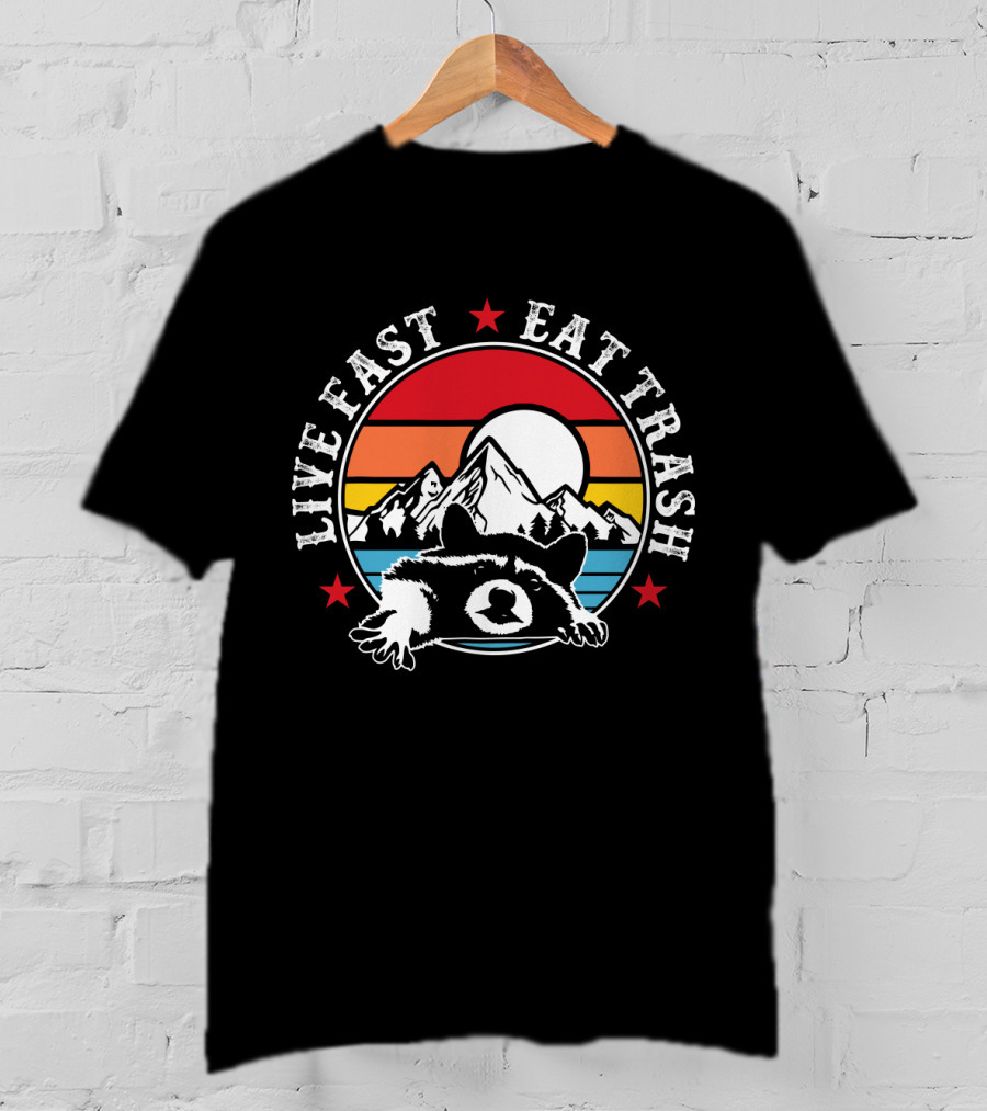Live Fast Eat Trash Funny Raccoon Mountains Camping Retro Sunset T-Shirt