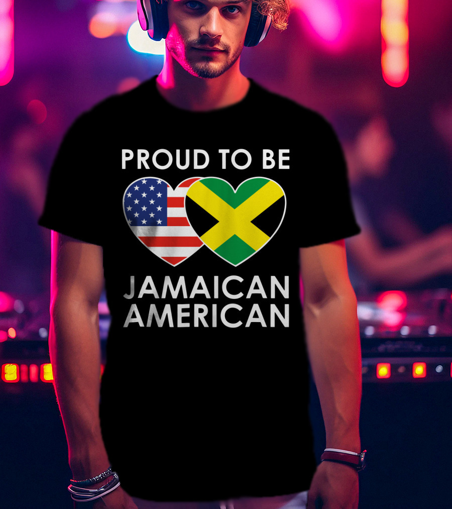 Proud To Be Jamaican American USA Flag Jamaican Flag Hearts T-Shirt