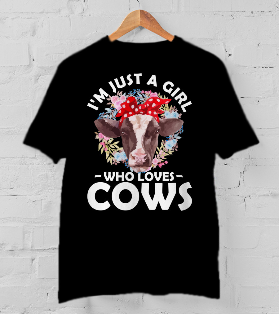 I'm Just A Girl Who Loves Cows Floral Pattern Cow Head With Red Polka Dot Bow T-Shirt