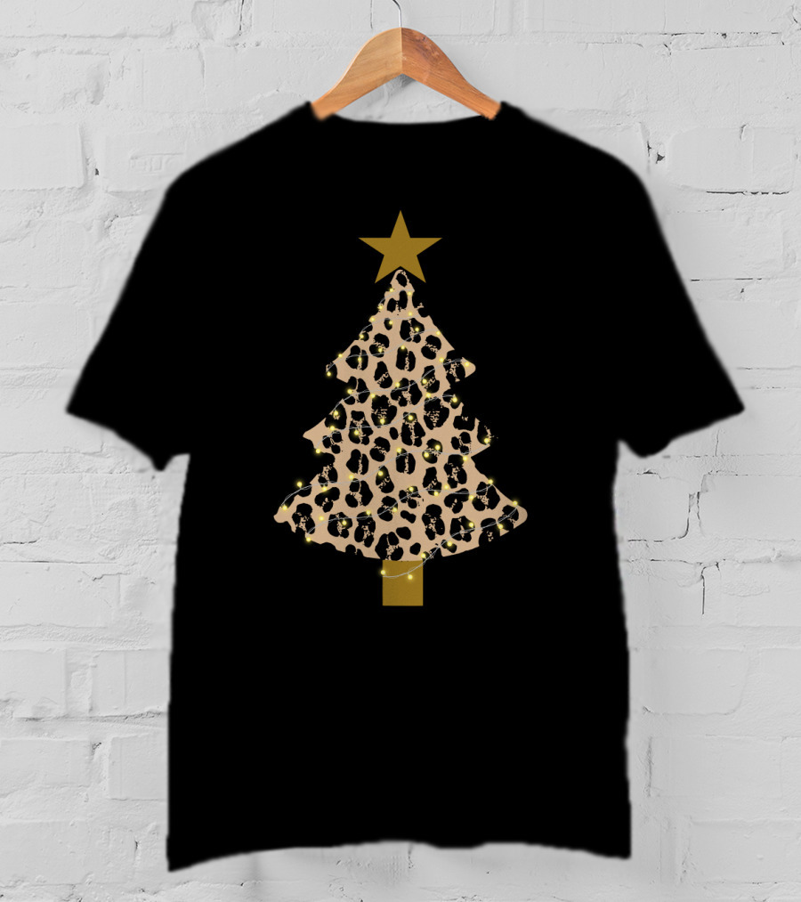Leopard Print Christmas Tree With Star And Lights T-Shirt