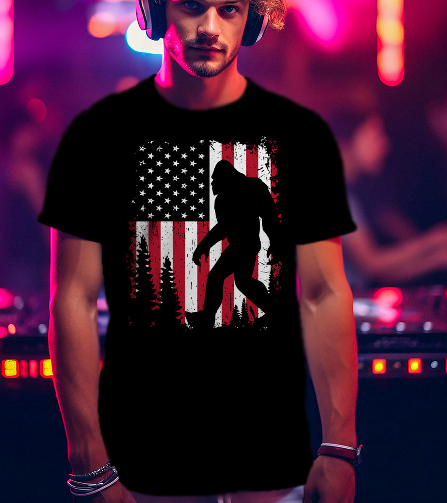 Bigfoot Walking Across American Flag With Forest T-Shirt