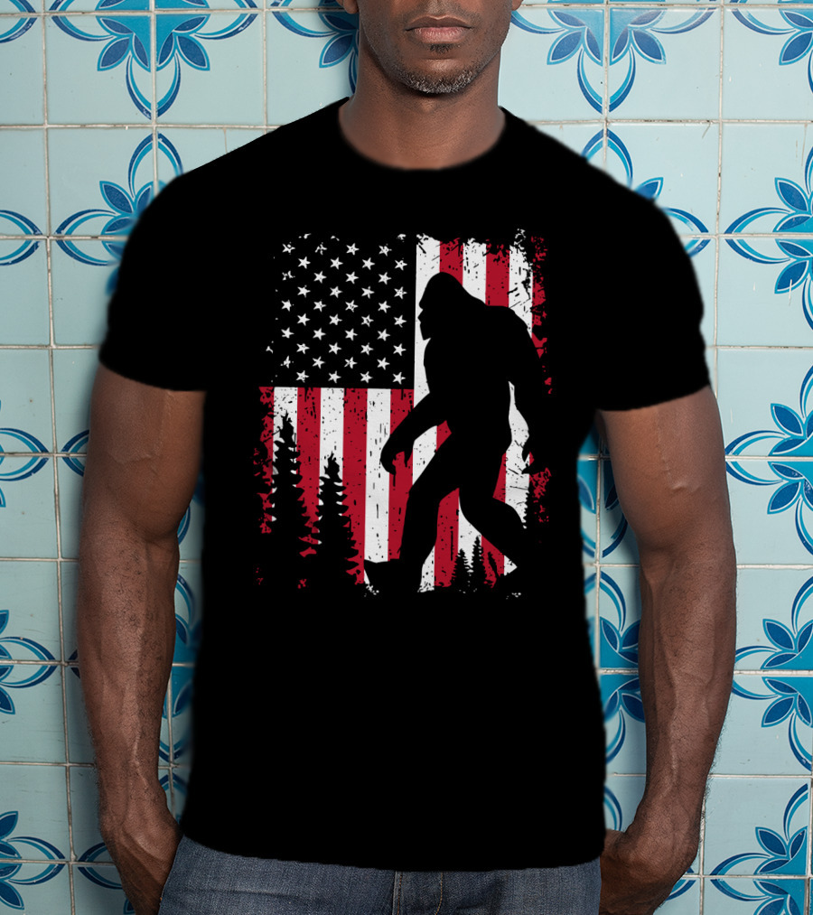 Bigfoot Walking Across American Flag With Forest T-Shirt
