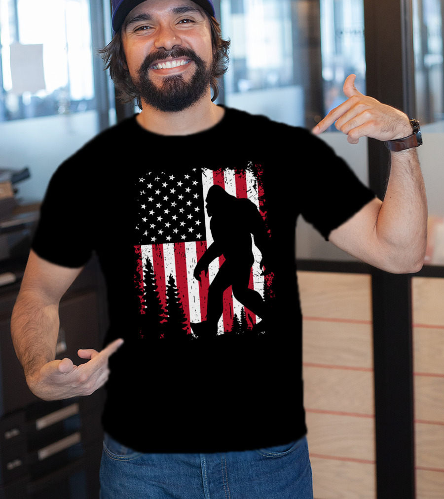 Bigfoot Walking Across American Flag With Forest T-Shirt