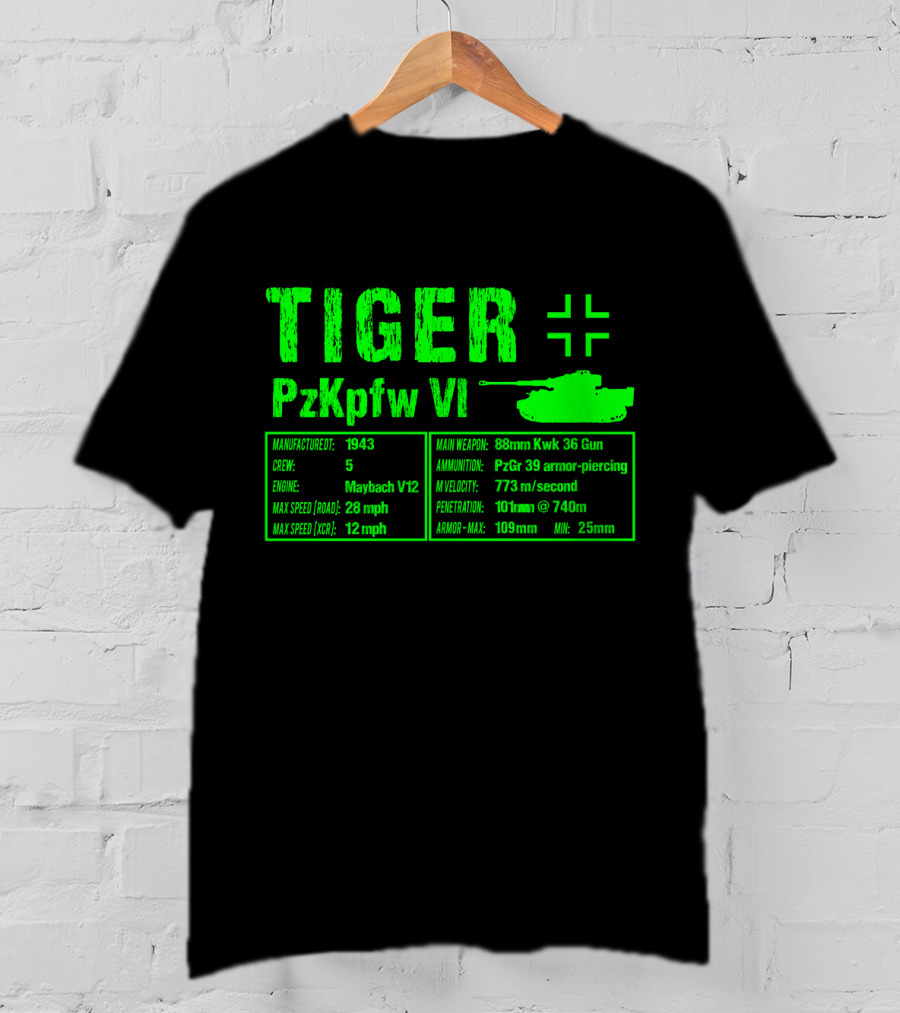 Tiger PzKpfw VI 1943 German Heavy Tank Specs With 88mm KwK 36 Gun T-Shirt