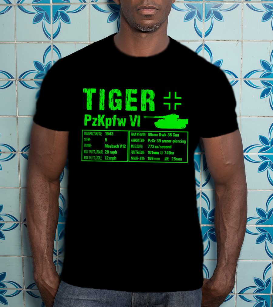 Tiger PzKpfw VI 1943 German Heavy Tank Specs With 88mm KwK 36 Gun T-Shirt