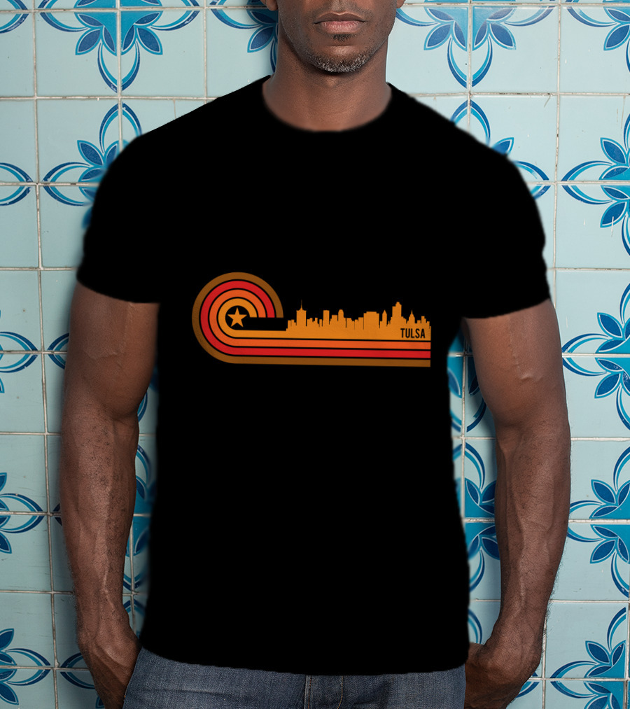 Retro Tulsa OK Skyline With Star And Sunset Stripes T-Shirt