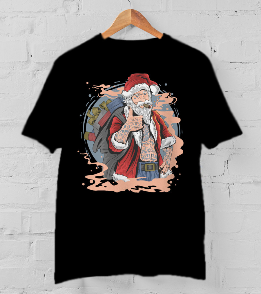Christmas Santa Claus Smoking Tattooed Holiday Thumbs Up T-Shirt