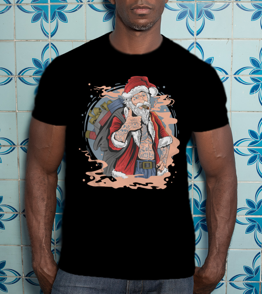 Christmas Santa Claus Smoking Tattooed Holiday Thumbs Up T-Shirt