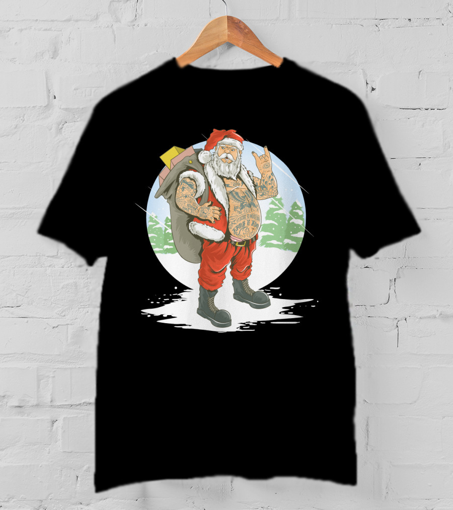 Christmas Santa Claus With Full Body Tattoo And Rock Hand Gesture T-Shirt