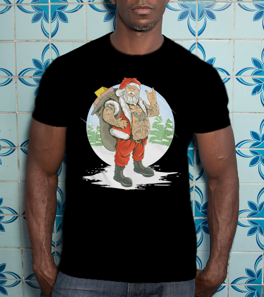 Christmas Santa Claus With Full Body Tattoo And Rock Hand Gesture T-Shirt