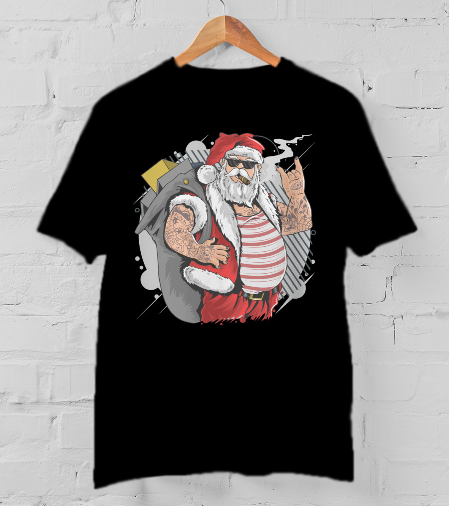 Santa Claus Merry Christmas Tattoo Rock Hand Illustrated T-Shirt
