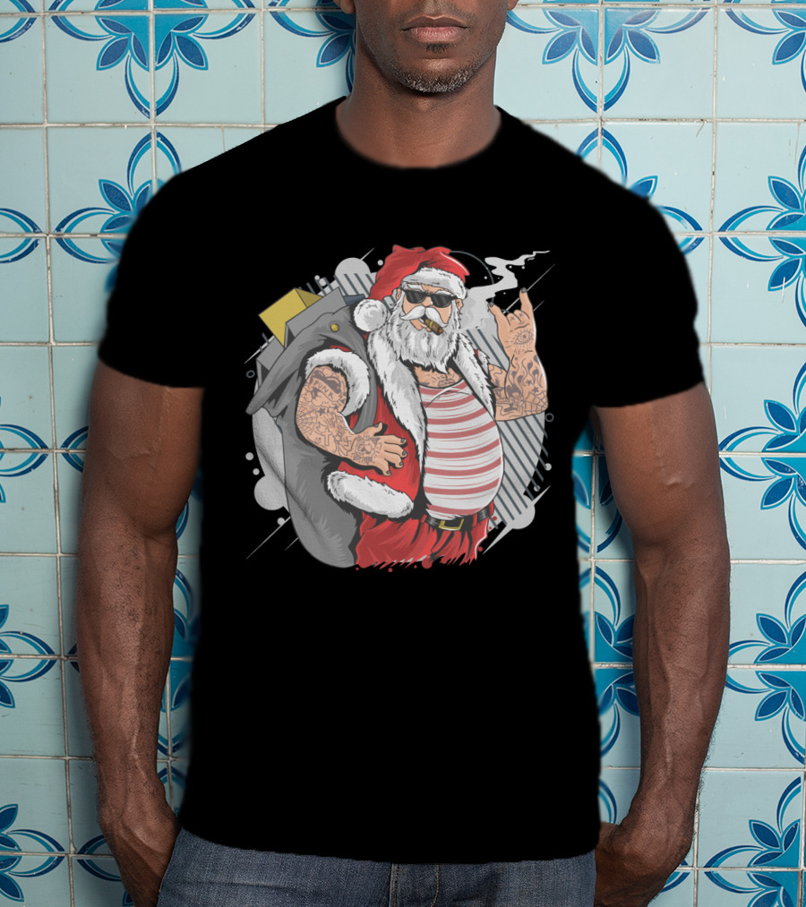 Santa Claus Merry Christmas Tattoo Rock Hand Illustrated T-Shirt