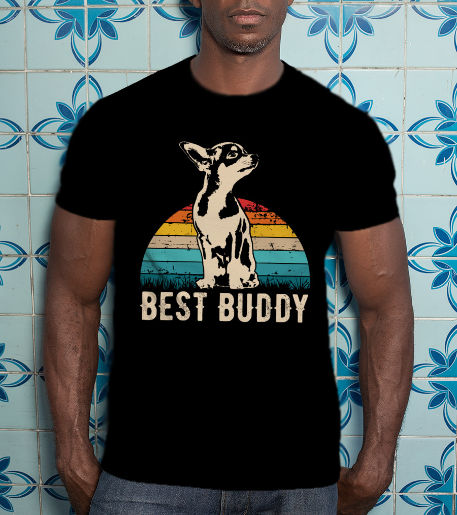 Retro Best Buddy Chihuahua With Vintage Sunset Stripes T-Shirt