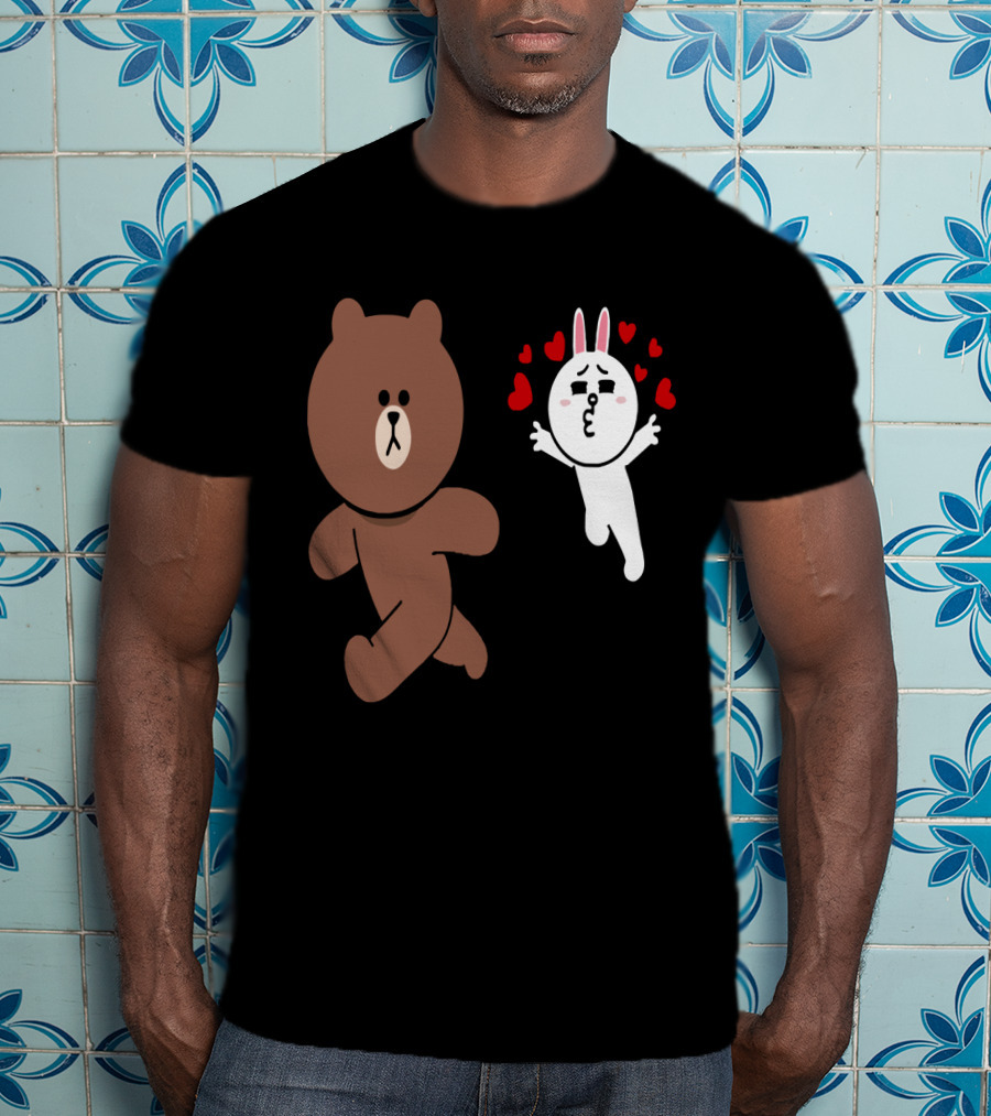 Cute Brown Bear Cony Bunny Rabbit Love Hearts Chase Valentine's Day Run T-Shirt