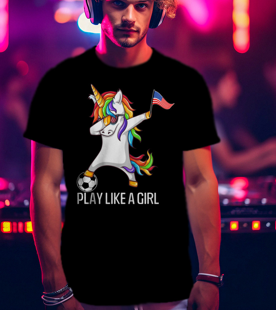 Dabbing Unicorn Play Like A Girl USA Soccer T-Shirt