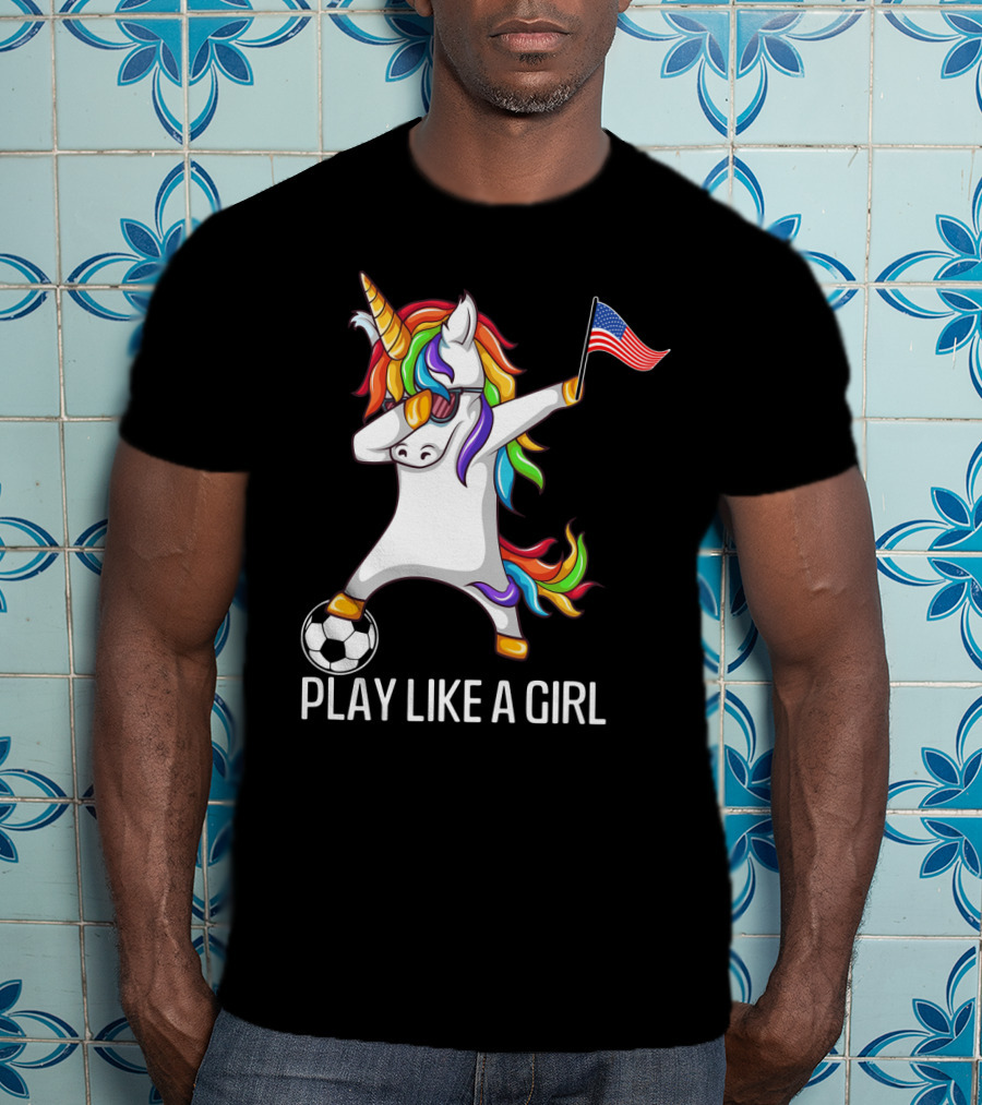 Dabbing Unicorn Play Like A Girl USA Soccer T-Shirt