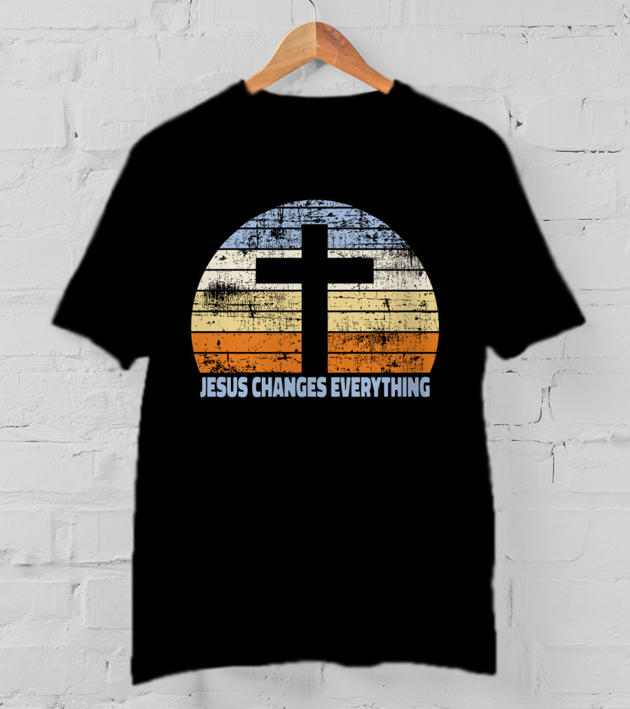 Faith Cross Jesus Changes Everything Vintage Christian Retro Sunset T-Shirt