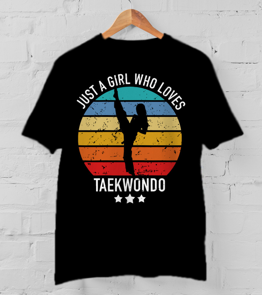 Just A Girl Who Loves Taekwondo Vintage Silhouette Rainbow Stripes T-Shirt