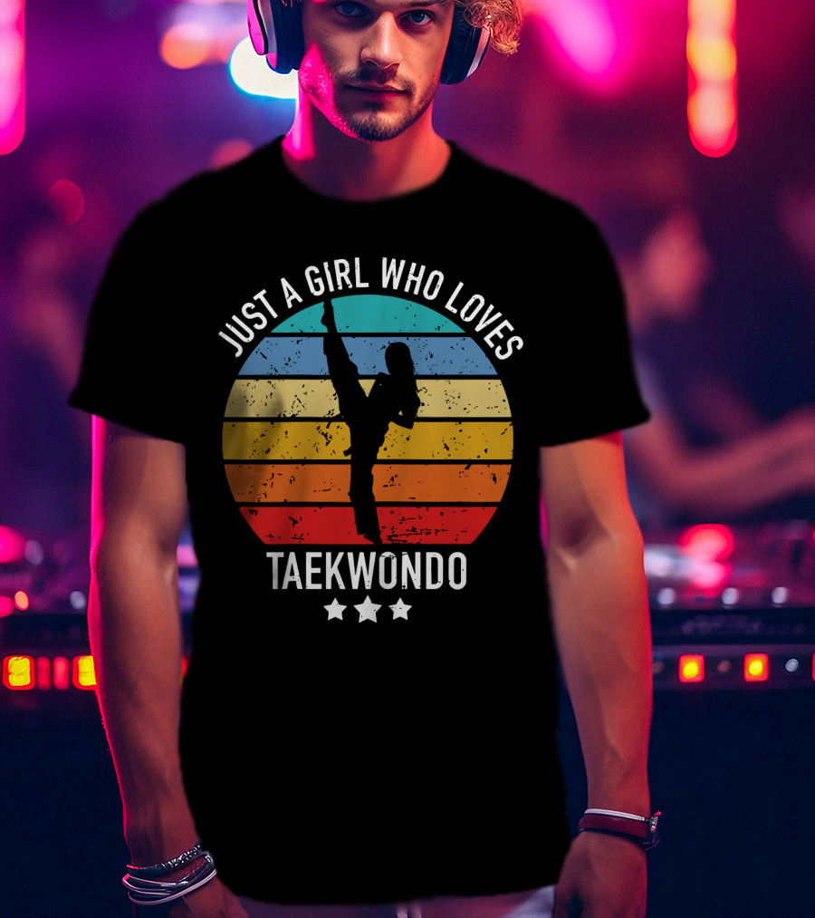 Just A Girl Who Loves Taekwondo Vintage Silhouette Rainbow Stripes T-Shirt