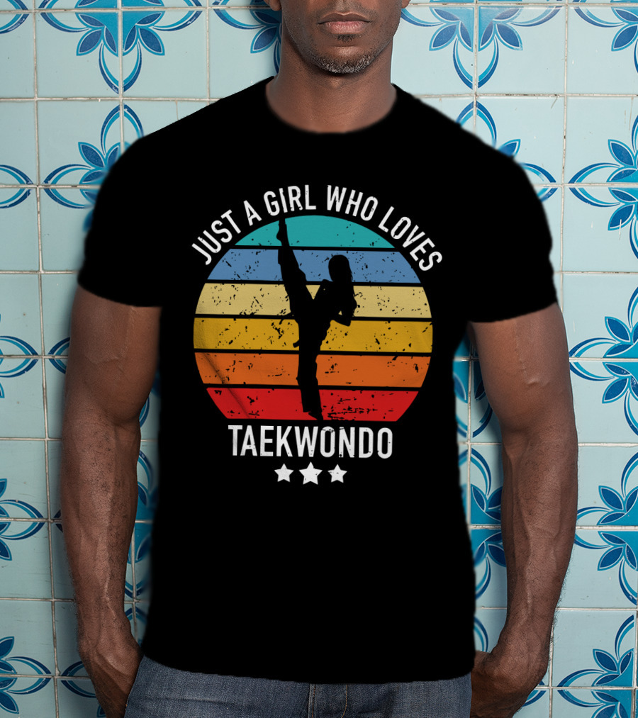 Just A Girl Who Loves Taekwondo Vintage Silhouette Rainbow Stripes T-Shirt