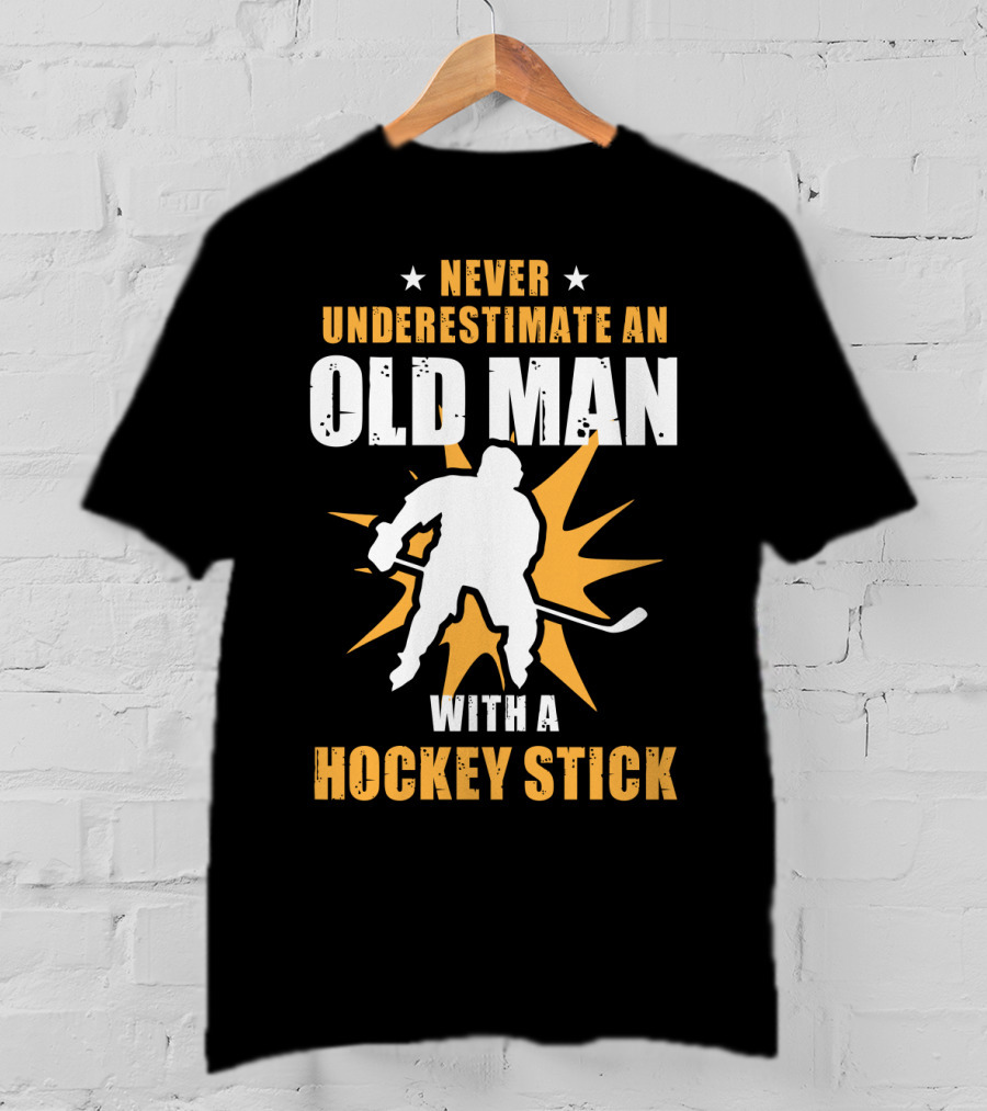 Never Underestimate An Old Man With A Hockey Stick Silhouette Starburst T-Shirt