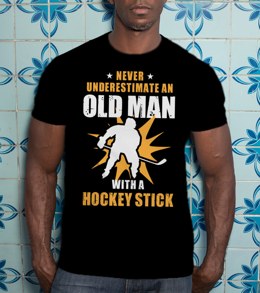 Never Underestimate An Old Man With A Hockey Stick Silhouette Starburst T-Shirt