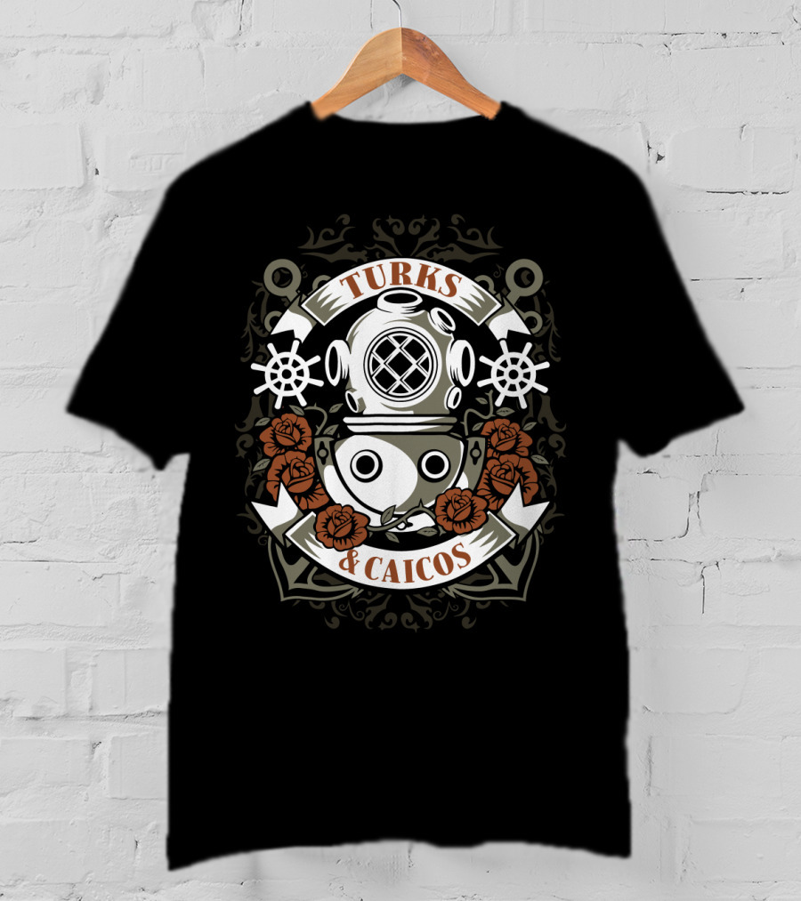 Turks And Caicos Vintage Dive Helmet Roses And Anchors T-Shirt