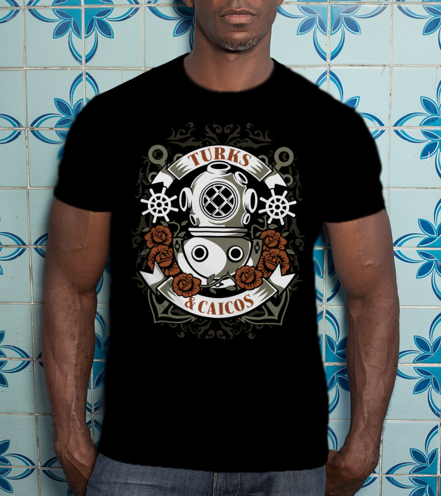 Turks And Caicos Vintage Dive Helmet Roses And Anchors T-Shirt
