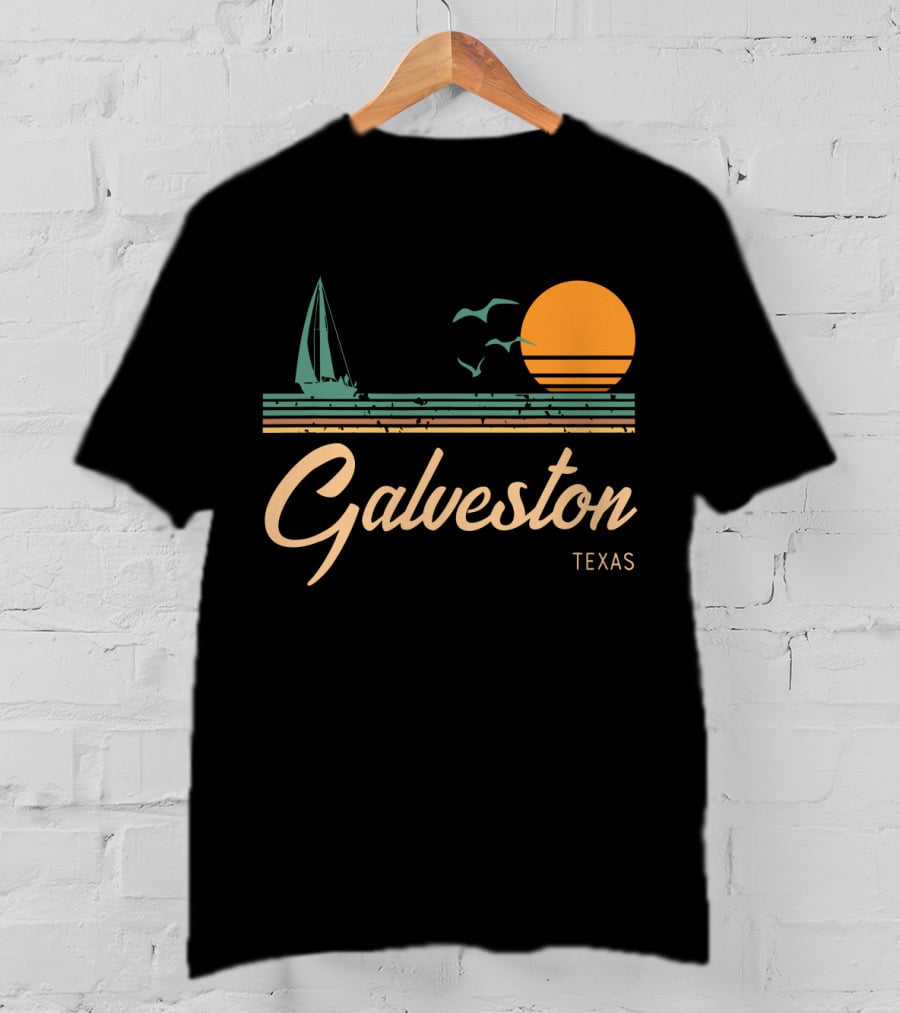 Vintage Galveston Texas Sailboat And Sunset Scene T-Shirt