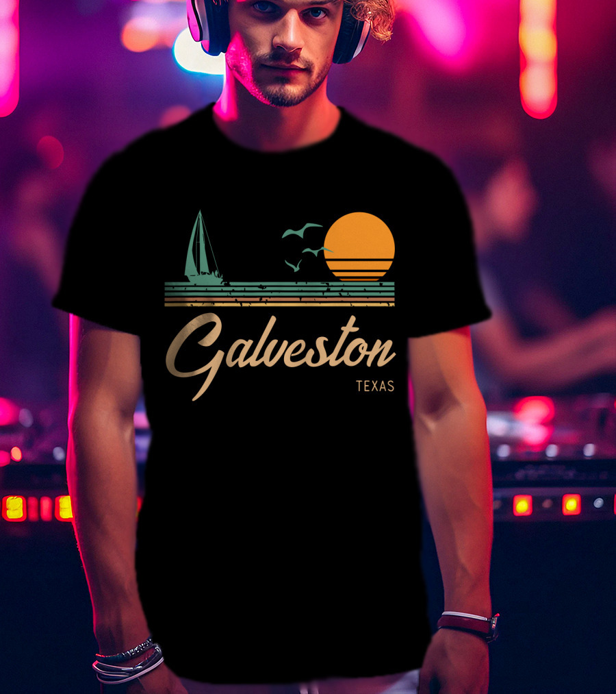Vintage Galveston Texas Sailboat And Sunset Scene T-Shirt