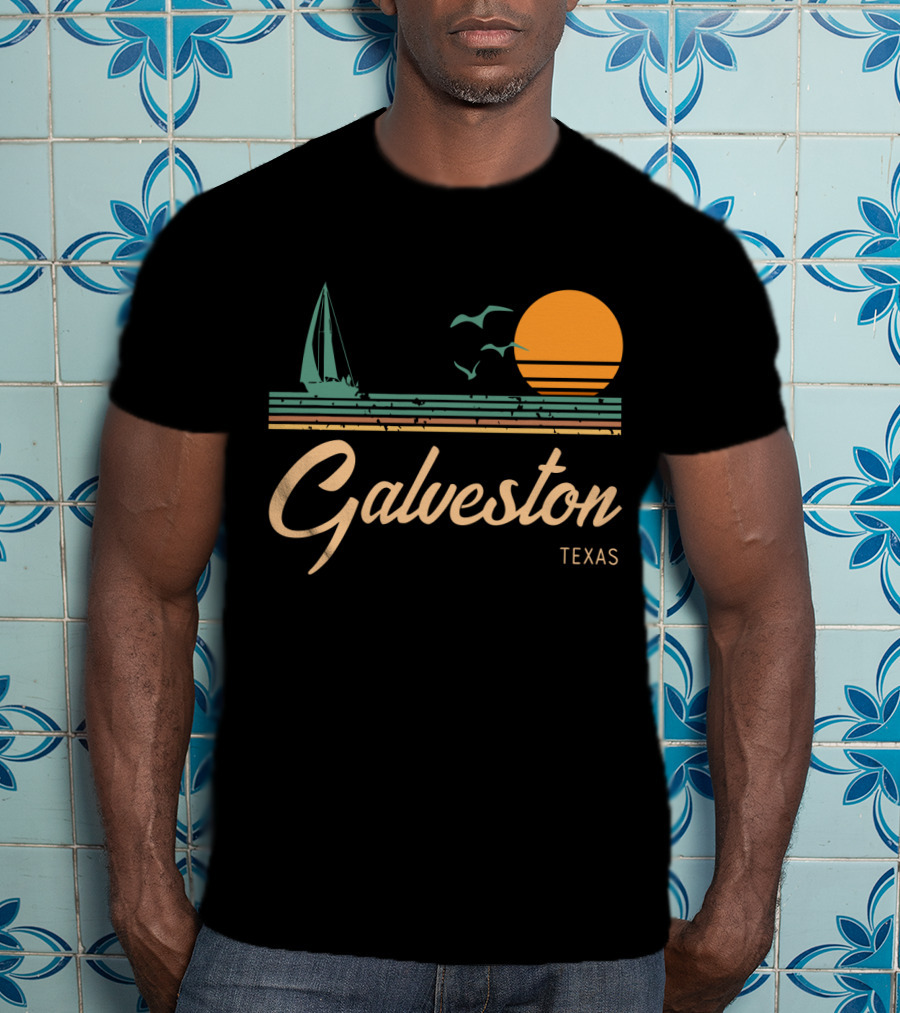 Vintage Galveston Texas Sailboat And Sunset Scene T-Shirt