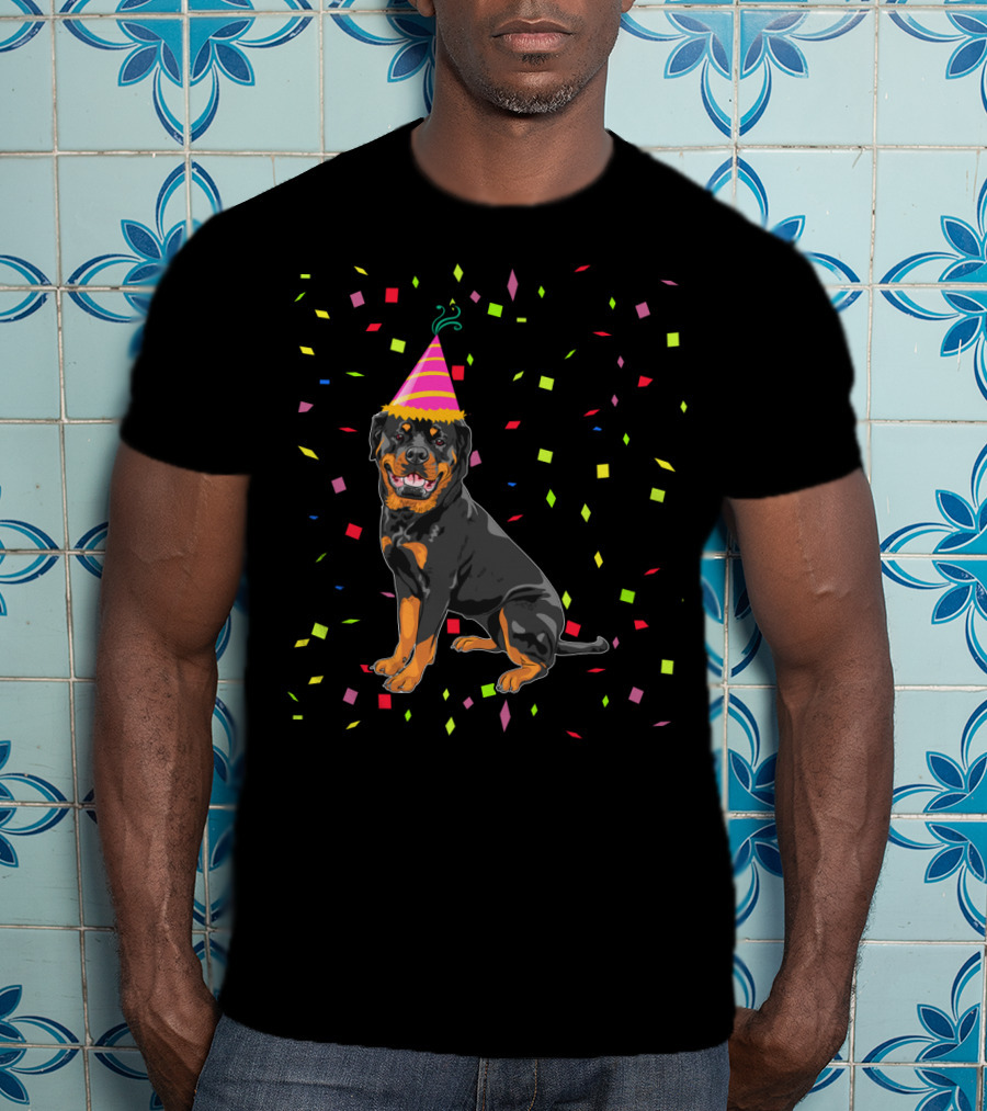 Funny Rottweiler Birthday Party Hat And Confetti T-Shirt