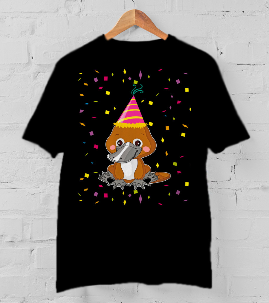 Funny Platypus With Party Hat And Confetti Celebration Birthday T-Shirt