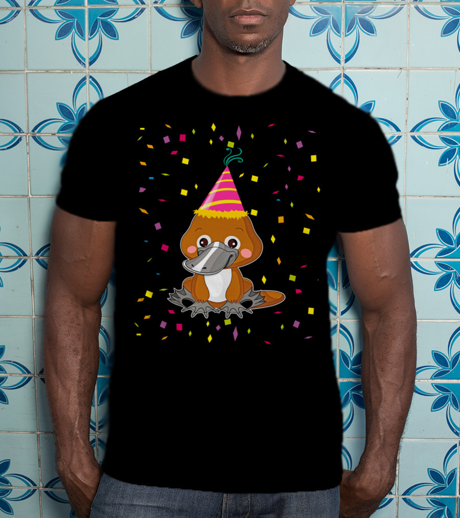 Funny Platypus With Party Hat And Confetti Celebration Birthday T-Shirt