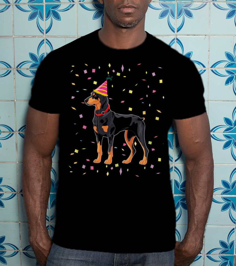 Doberman With Party Hat And Confetti T-Shirt