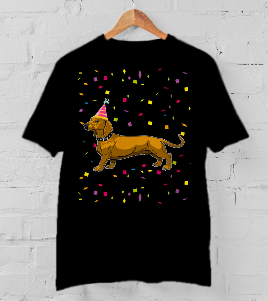 Funny Dachshund Birthday Party With Confetti And Party Hat T-Shirt