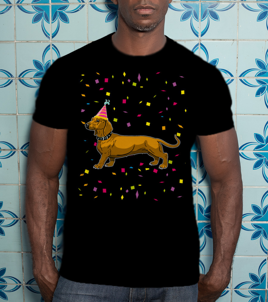 Funny Dachshund Birthday Party With Confetti And Party Hat T-Shirt