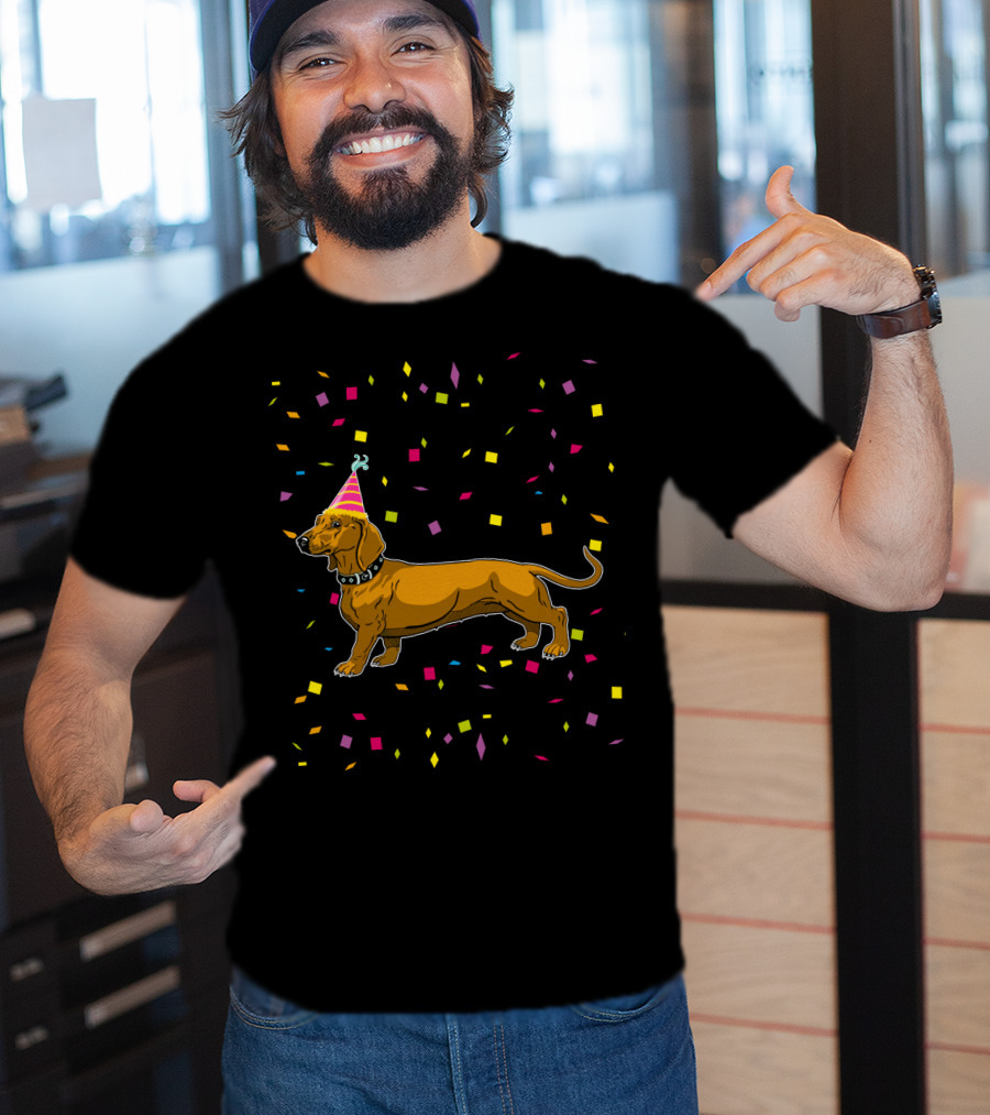 Funny Dachshund Birthday Party With Confetti And Party Hat T-Shirt