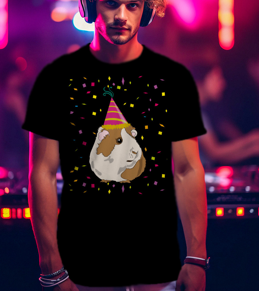Funny Guinea Pig Birthday Celebration With Party Hat And Confetti T-Shirt
