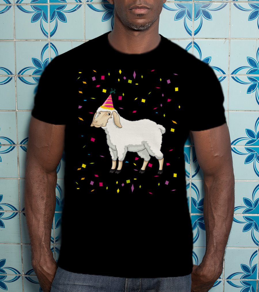 Funny Birthday Sheep With Party Hat And Confetti T-Shirt