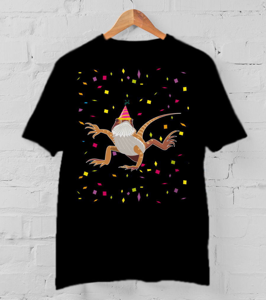 Colorful Confetti Party Hat Bearded Dragon Birthday T-Shirt