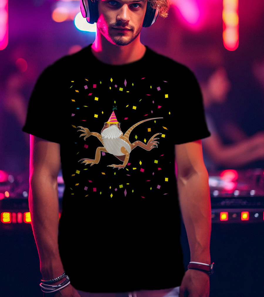 Colorful Confetti Party Hat Bearded Dragon Birthday T-Shirt
