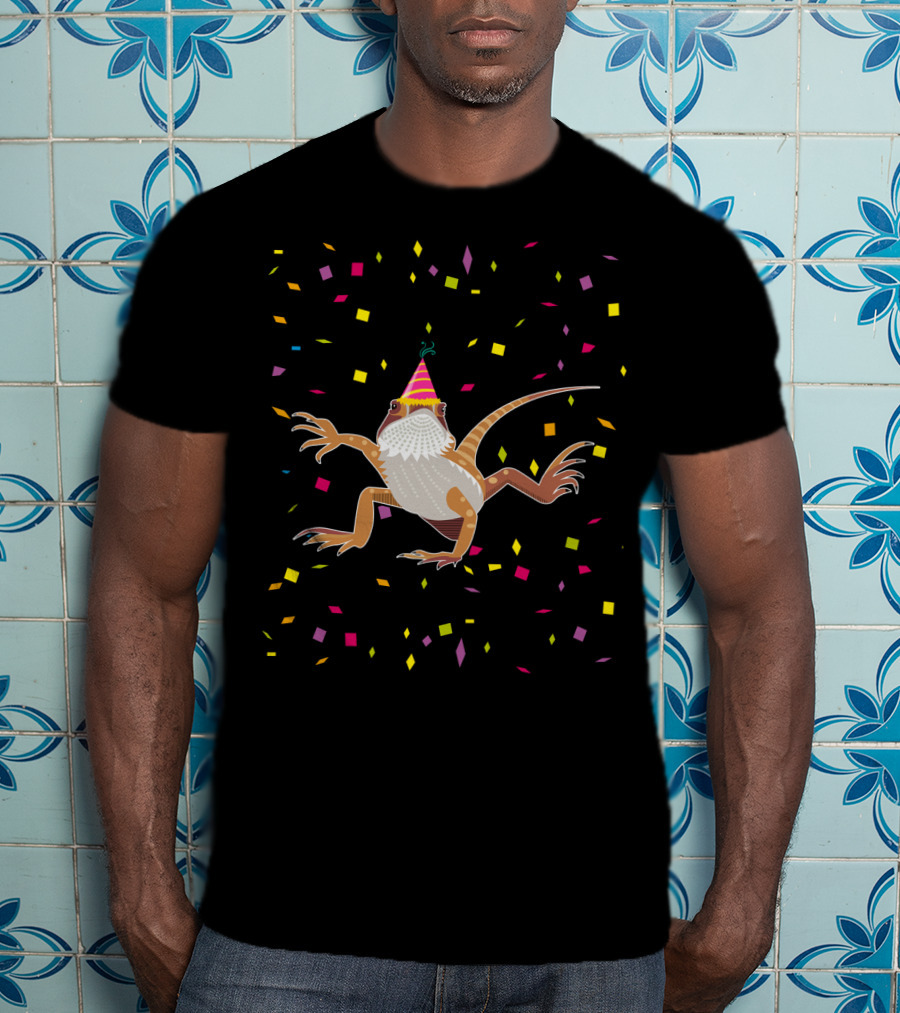 Colorful Confetti Party Hat Bearded Dragon Birthday T-Shirt