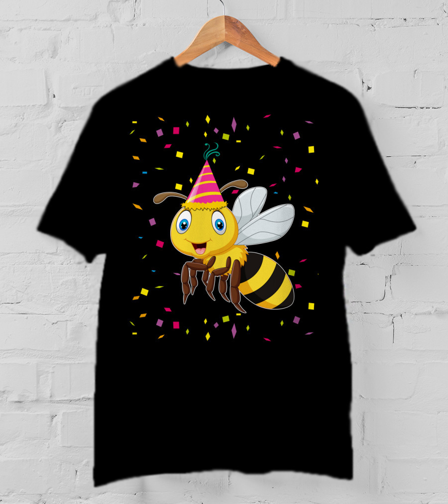 Funny Bee Birthday With Confetti And Party Hat T-Shirt