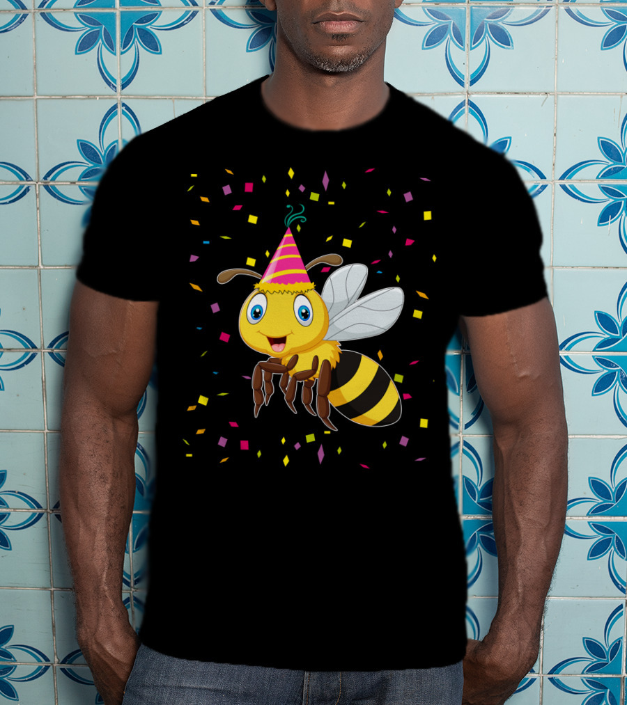Funny Bee Birthday With Confetti And Party Hat T-Shirt
