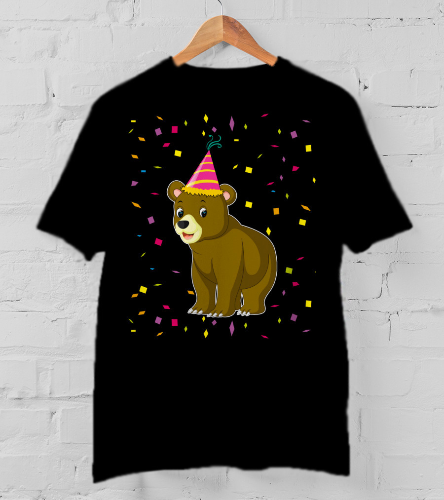 Funny Bear Birthday Party Hat Festive Confetti T-Shirt