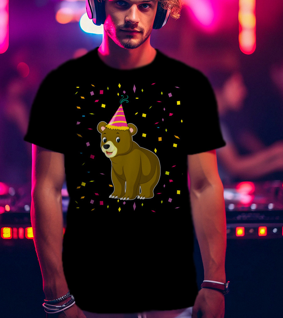 Funny Bear Birthday Party Hat Festive Confetti T-Shirt